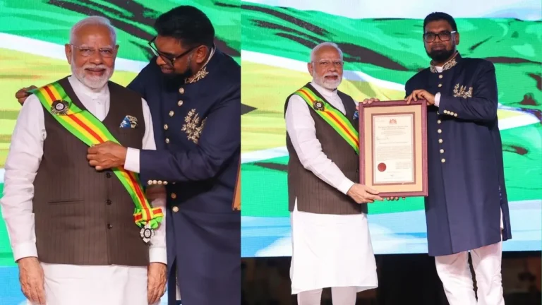 प्रधानमंत्री नरेंद्र मोदी गुयाना के सर्वोच्च राष्ट्रीय पुरस्कार द ऑर्डर ऑफ एक्सीलेंस से सम्मानित