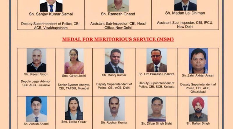21 सीबीआई अधिकारियों/कर्मचारियों को विशिष्ट सेवा के लिए राष्ट्रपति पदक और सराहनीय सेवा पदक